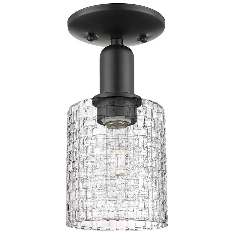 Image 1 Arcadia Cobbleskill 5"W Black Semi-Flush w/ Clear Basketweave Shade
