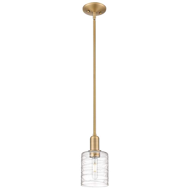 Image 1 Arcadia Cobbleskill 5"W Brushed Brass Stem Pendant w/ Deco Swirl Shade