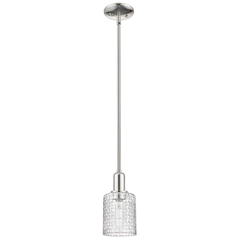 Image 1 Arcadia Cobbleskill 5"W Polished Nickel Stem Pendant w/ Basketweave Shade