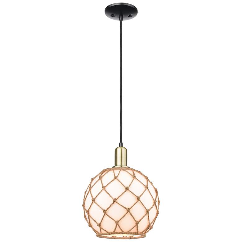 Image 1 Arcadia Farmhouse 10"W Black Brass Cord Pendant w/ White Brown Shade