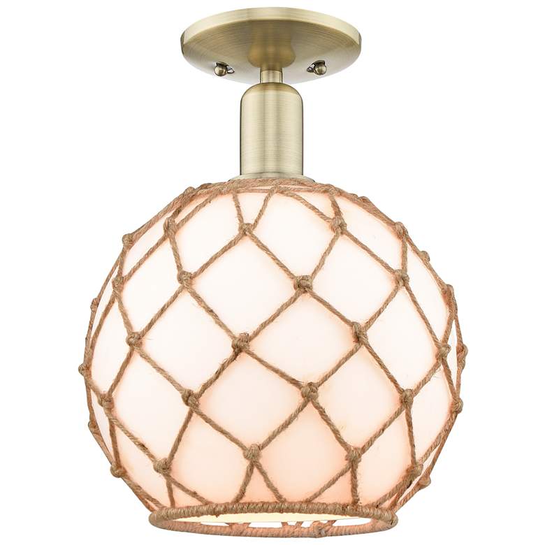 Image 1 Arcadia Farmhouse 10"W Brass Semi.Flush Mount w/ White Brown Shade