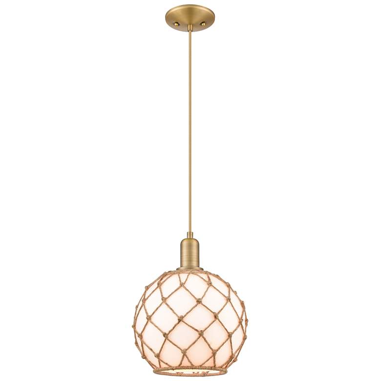 Image 1 Arcadia Farmhouse 10"W Brushed Brass Cord Pendant w/ White Brown Shade