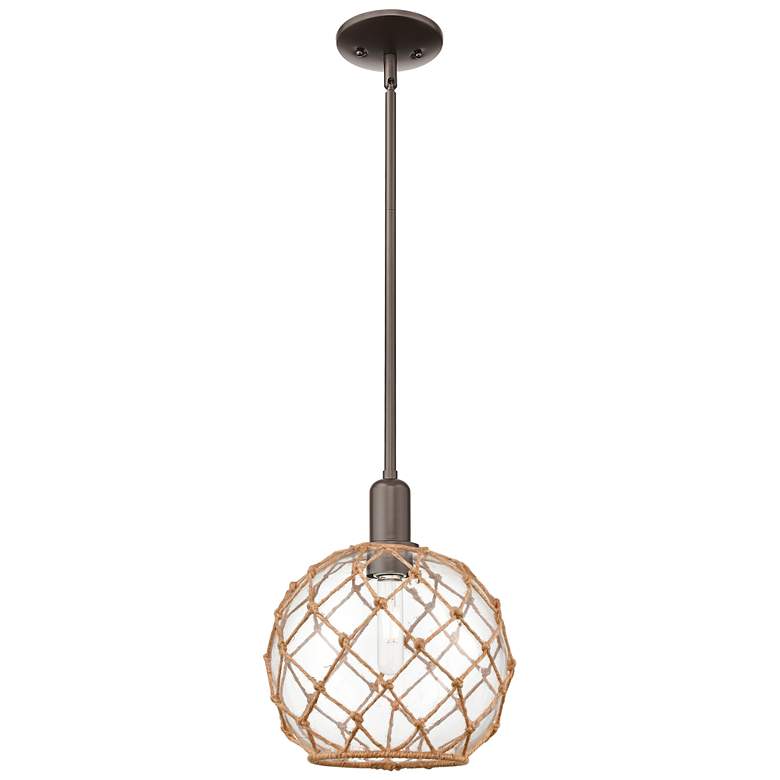 Image 1 Arcadia Farmhouse 10"W Oiled Bronze Stem Pendant w/ Clear Brown Shade