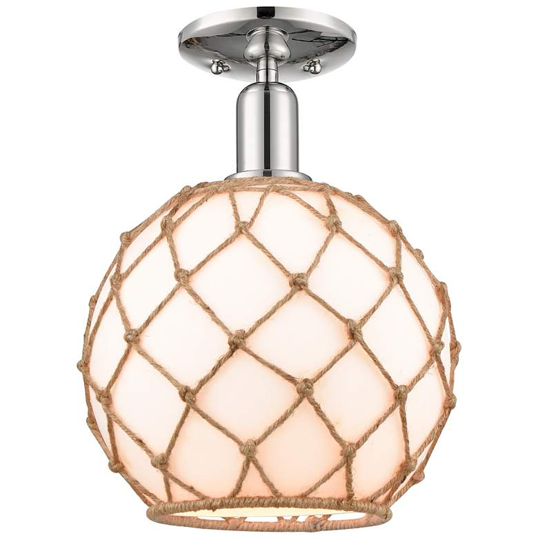 Image 1 Arcadia Farmhouse 10"W Polished Nickel Semi-Flush w/ White Brown Shade