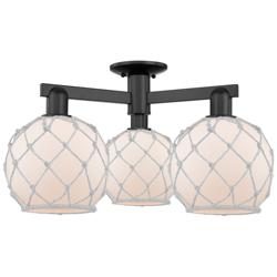 Arcadia Farmhouse 26"W 3 Light Black Semi.Flush Mount w/ White Shade