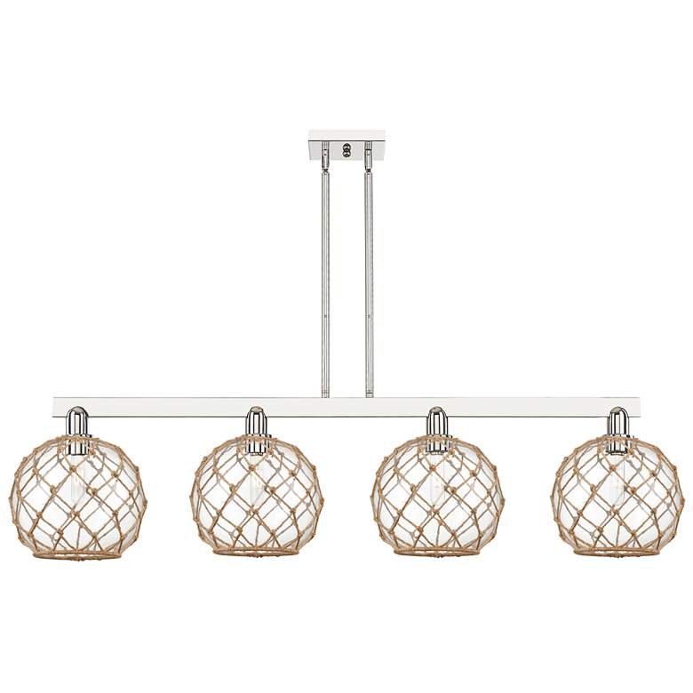 Image 1 Arcadia Farmhouse 53"W 4-Lt Polish Nickel Stem Island w/ Clear Brown Shade