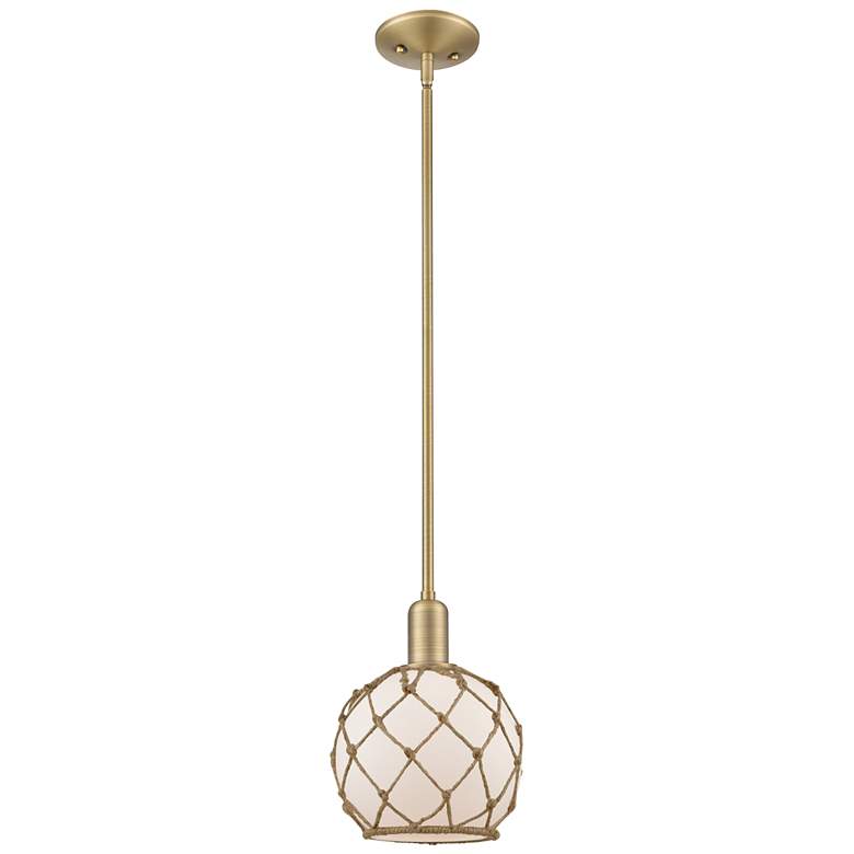 Image 1 Arcadia Farmhouse 8"W Brushed Brass Stem Pendant w/ White Brown Shade