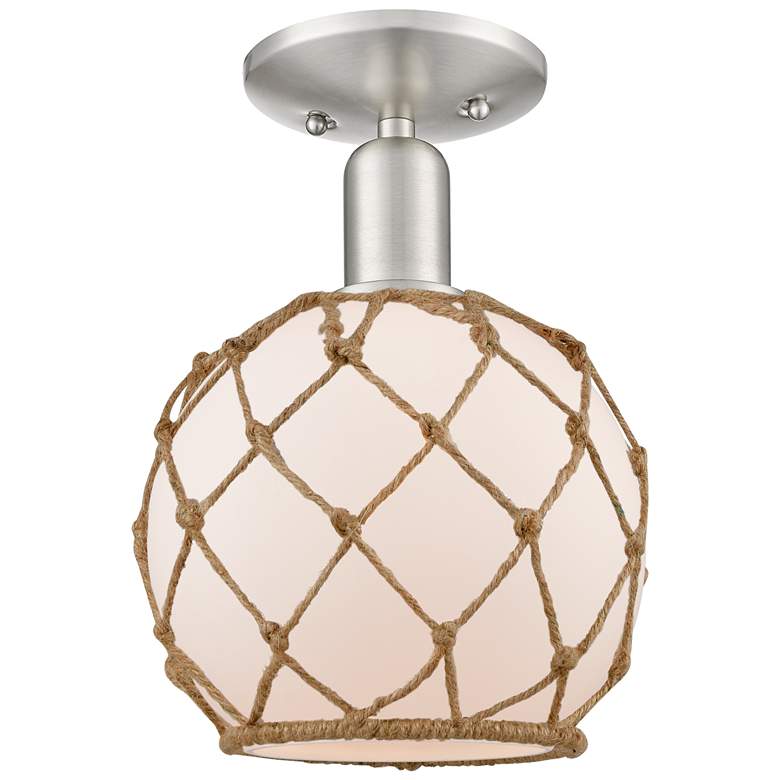 Image 1 Arcadia Farmhouse 8"W Brushed Nickel Semi-Flush w/ White Brown Shade
