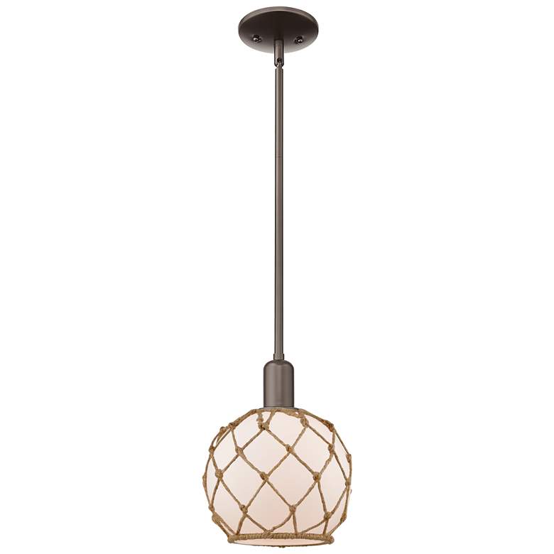 Image 1 Arcadia Farmhouse 8"W Oiled Bronze Stem Pendant w/ White Brown Shade