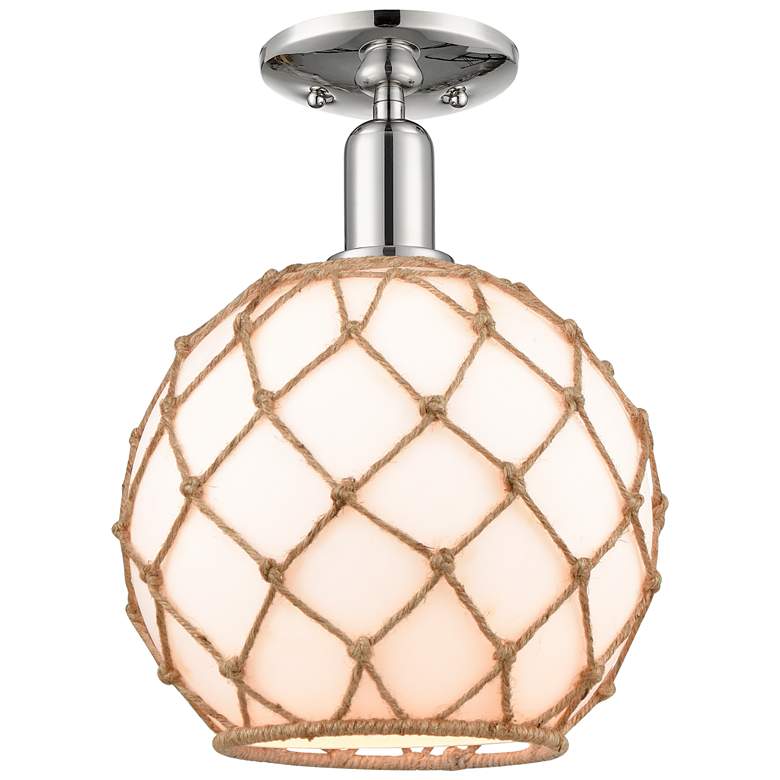 Image 1 Arcadia Farmhouse 8"W Polished Nickel Semi-Flush w/ White Brown Shade