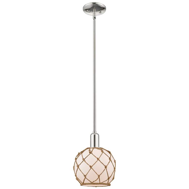 Image 1 Arcadia Farmhouse 8"W Polished Nickel Stem Pendant w/ White Brown Shade