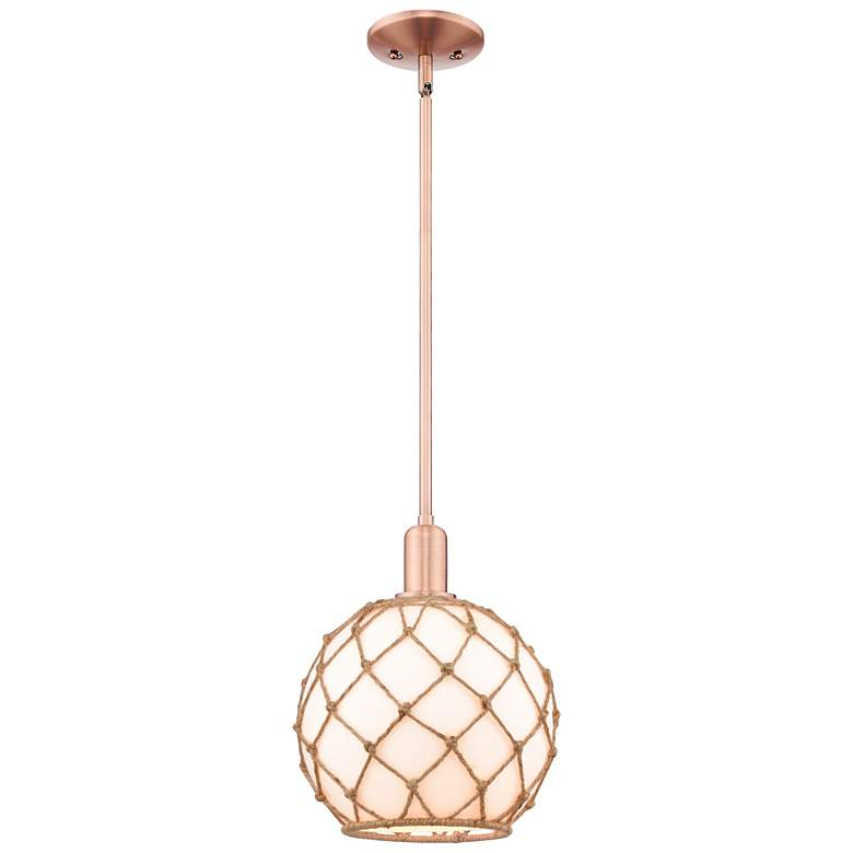 Image 1 Arcadia Farmhouse Rope 10"W Copper Stem Pendant w/ White Brown Shade