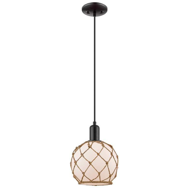 Image 1 Arcadia Farmhouse Rope 8"W Black Cord Pendant w/ White Brown Shade
