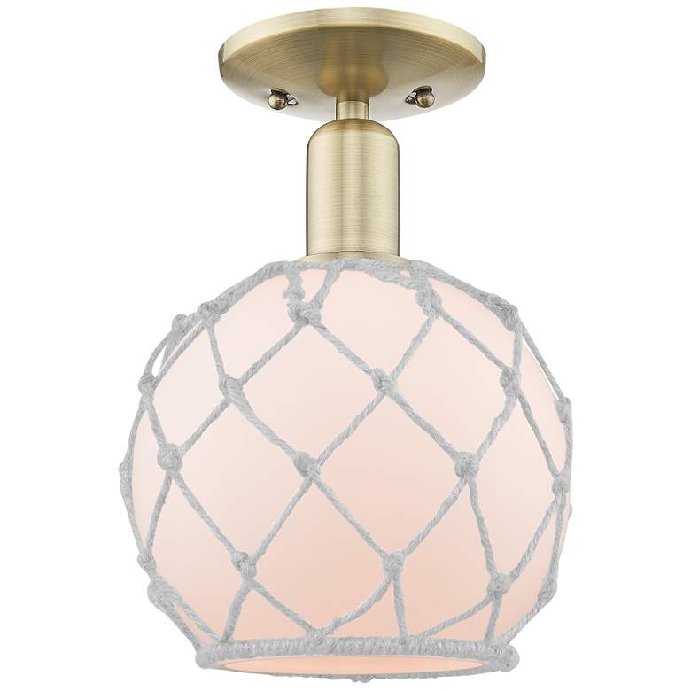 Image 1 Arcadia Farmhouse Rope 8"W Brass Semi.Flush Mount w/ White Glass Shade