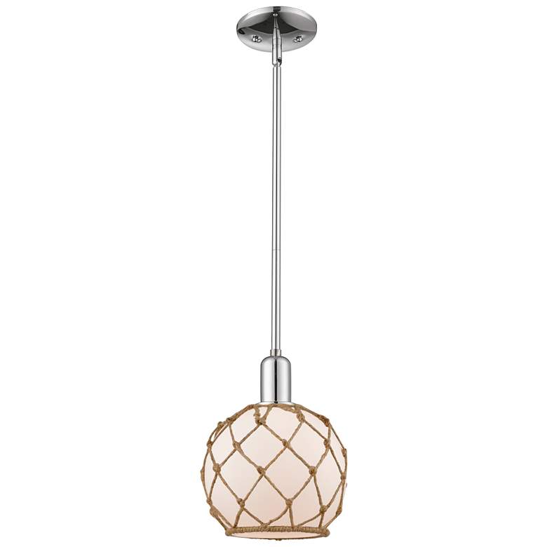 Image 1 Arcadia Farmhouse Rope 8"W Chrome Stem Pendant w/ White Brown Shade