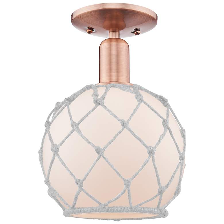 Image 1 Arcadia Farmhouse Rope 8"W Copper Semi.Flush Mount w/ White Shade