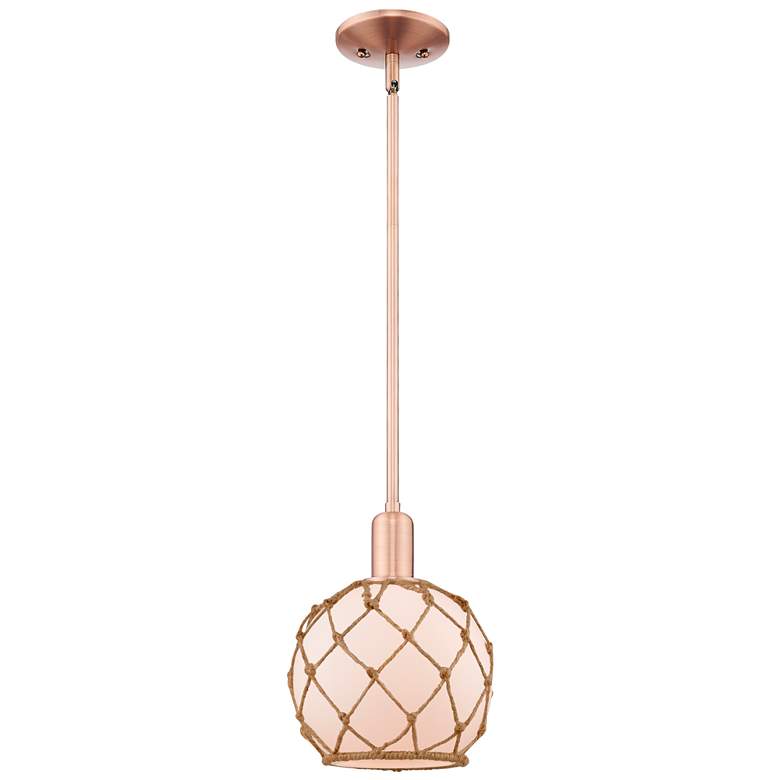 Image 1 Arcadia Farmhouse Rope 8"W Copper Stem Pendant w/ White Brown Shade