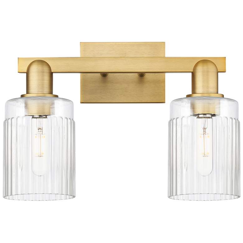 Image 1 Arcadia Hadley 16"W 2 Light Brushed Brass Bath Light With Clear Shade