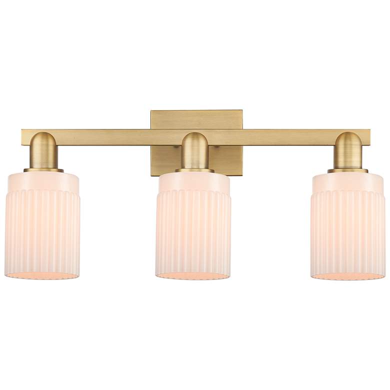 Image 1 Arcadia Hadley 24"W 3-Lt Brushed Brass Bath Light w/ Matte White Shade