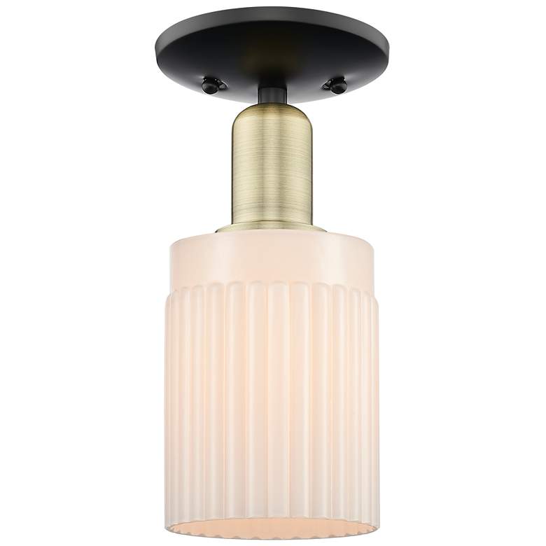 Image 1 Arcadia Hadley 5"W Black Brass Semi.Flush Mount w/ Matte White Shade
