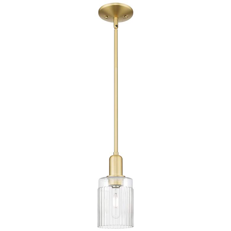 Image 1 Arcadia Hadley 5"W Satin Gold Stem Hung Mini Pendant With Clear Shade