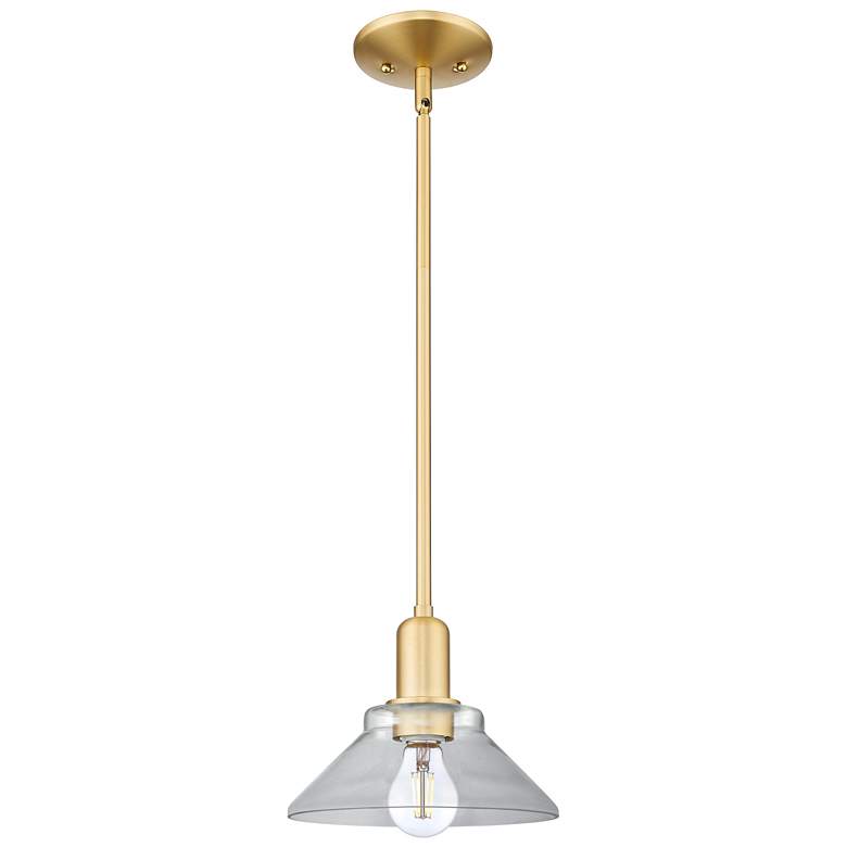Image 1 Arcadia Orwell 8"W Satin Gold Stem Hung Mini Pendant With Clear Shade