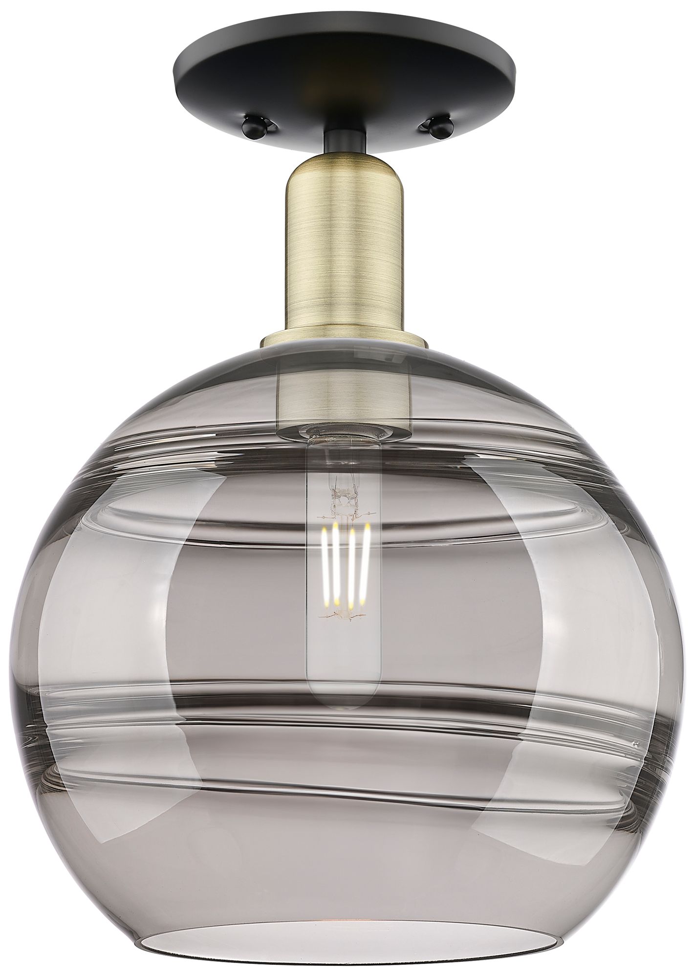 Arcadia Rochester 10"W Black Brass Semi-Flush w/ Light Smoke Shade