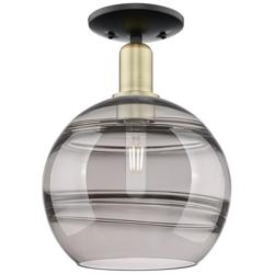 Arcadia Rochester 10"W Black Brass Semi-Flush w/ Light Smoke Shade