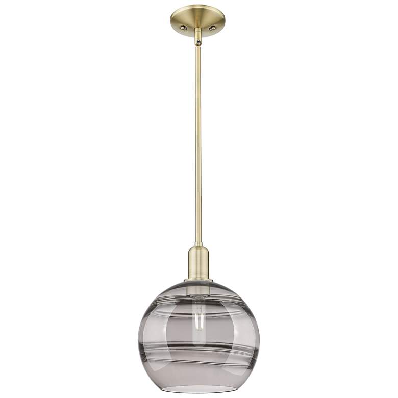 Image 1 Arcadia Rochester 10"W Brass Stem Mini Pendant w/ Light Smoke Shade