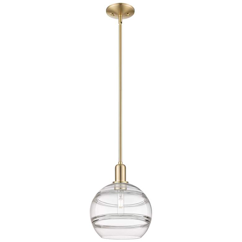Image 1 Arcadia Rochester 10"W Bronze Stem Mini Pendant w/ Clear Shade