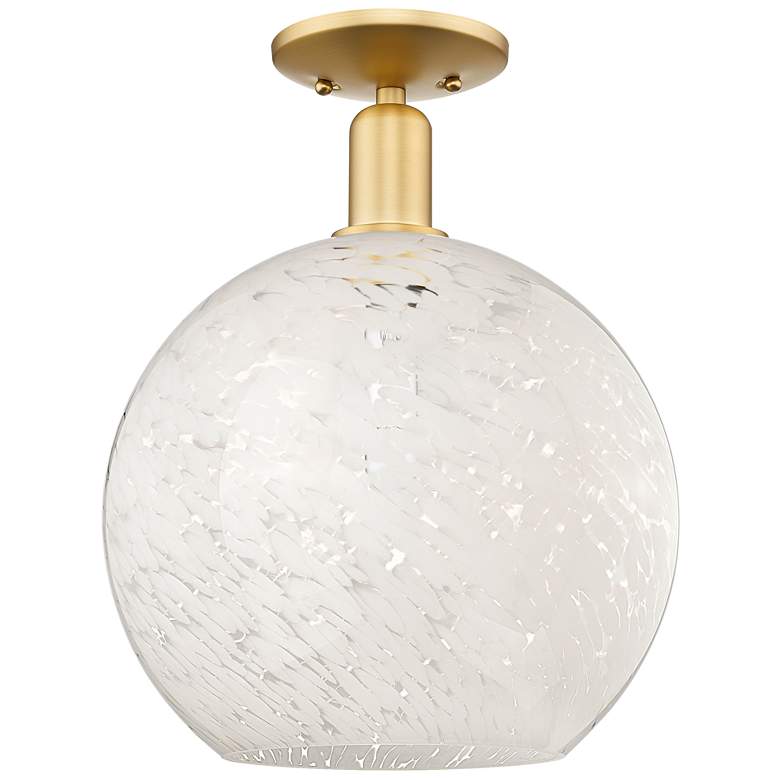 Image 1 Arcadia White Mouchette 12" Wide Satin Gold Semi.Flush Mount With
