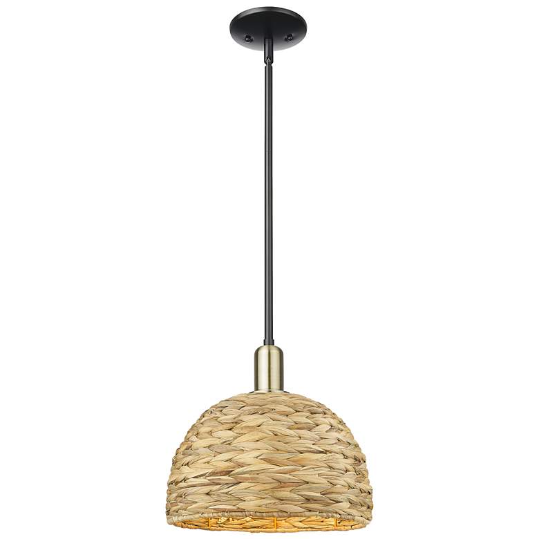 Image 1 Arcadia Woven Rattan 12"W Black Antique Brass Stem Hung Mini Pendant