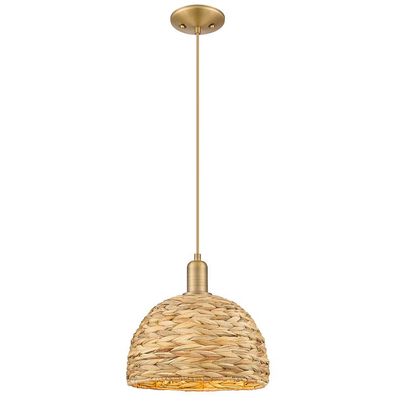 Image 1 Arcadia Woven Rattan 12" Wide Brushed Brass Cord Hung Mini Pendant