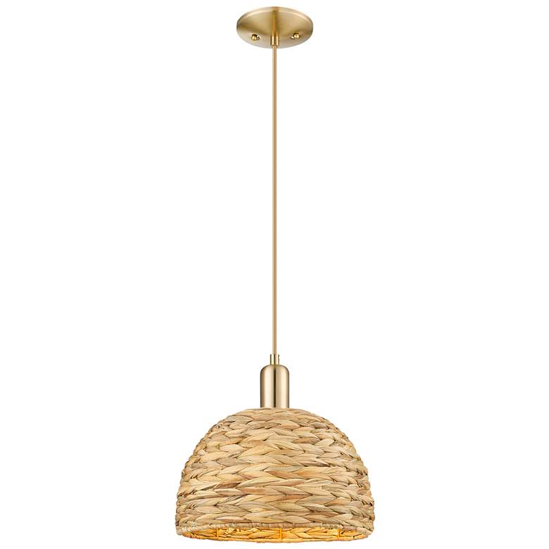 Image 1 Arcadia Woven Rattan 12" Wide Champagne Bronze Cord Hung Mini Pendant