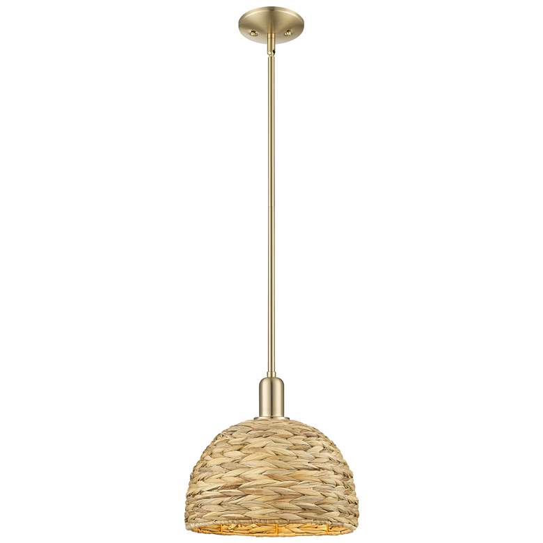 Image 1 Arcadia Woven Rattan 12" Wide Champagne Bronze Stem Hung Mini Pendant