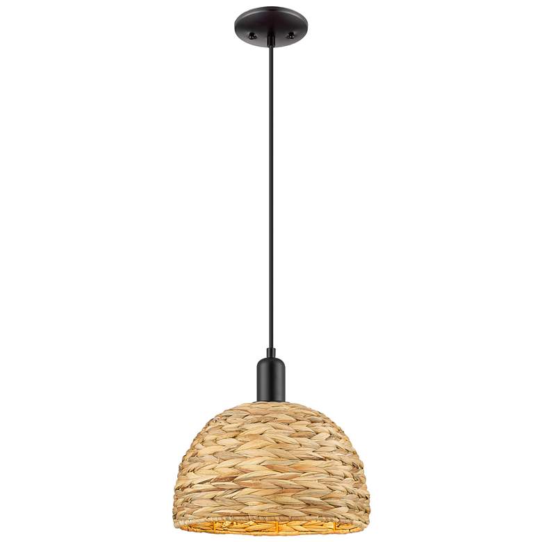 Image 1 Arcadia Woven Rattan 12" Wide Matte Black Cord Hung Mini Pendant With