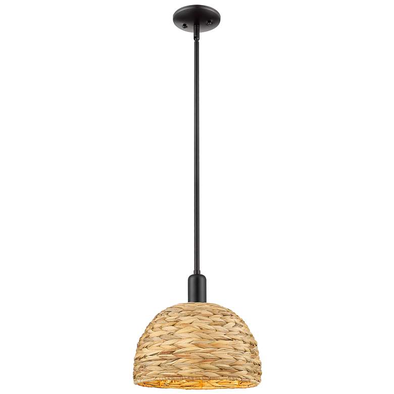 Image 1 Arcadia Woven Rattan 12" Wide Matte Black Stem Hung Mini Pendant With