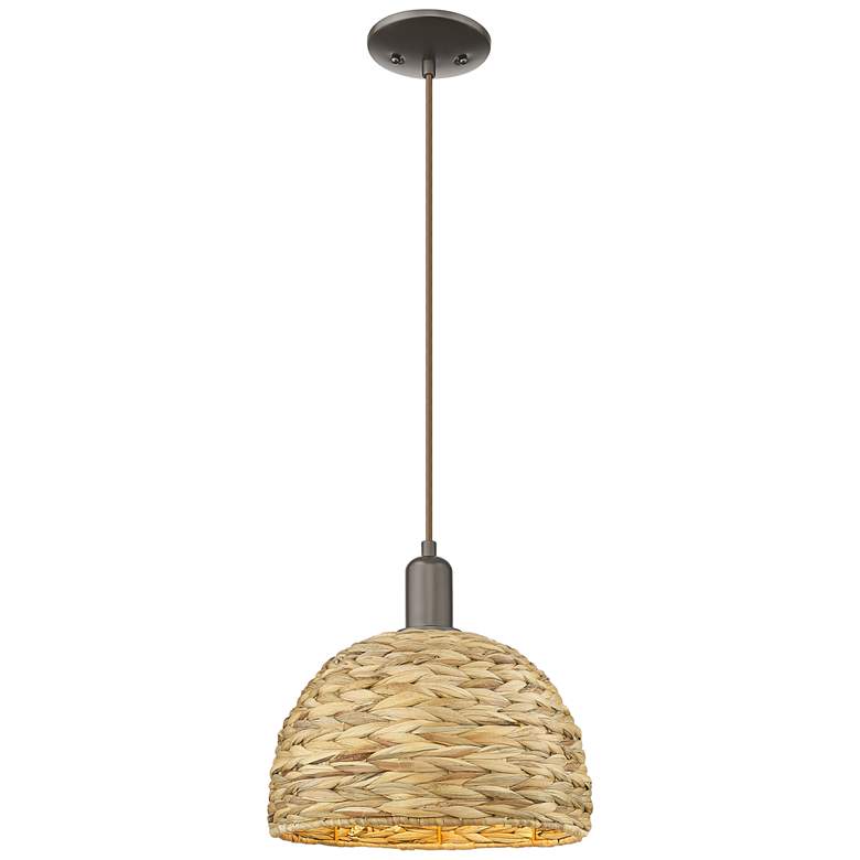 Image 1 Arcadia Woven Rattan 12" Wide Oil Rubbed Bronze Cord Hung Mini Pendant