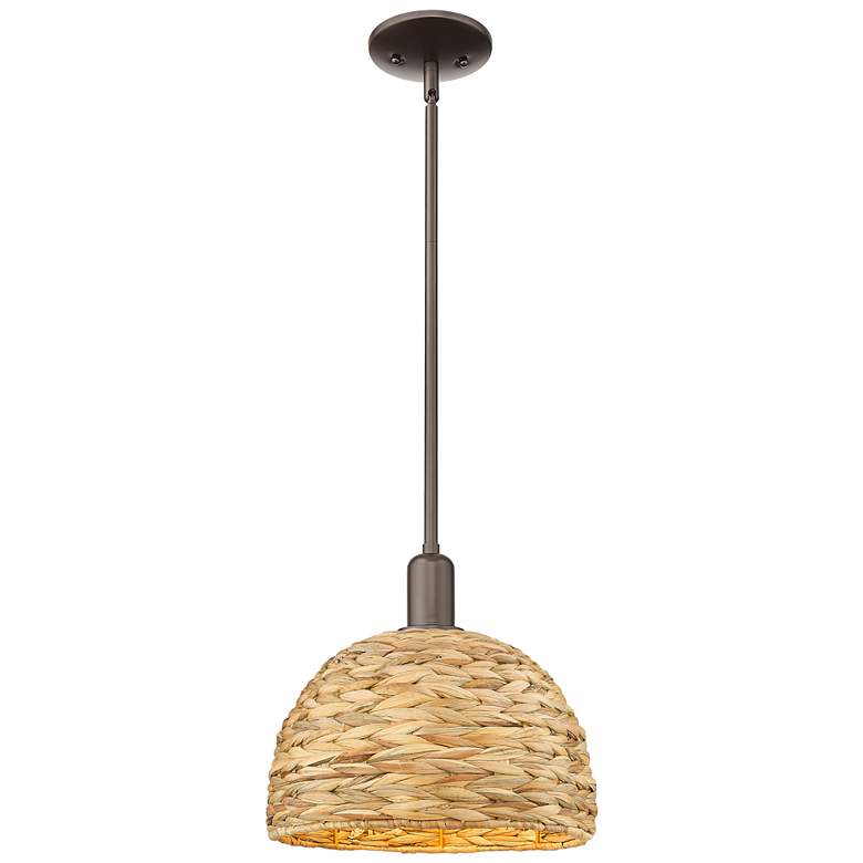 Image 1 Arcadia Woven Rattan 12" Wide Oil Rubbed Bronze Stem Hung Mini Pendant