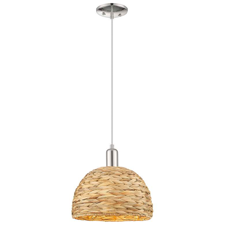 Image 1 Arcadia Woven Rattan 12" Wide Polished Nickel Cord Hung Mini Pendant