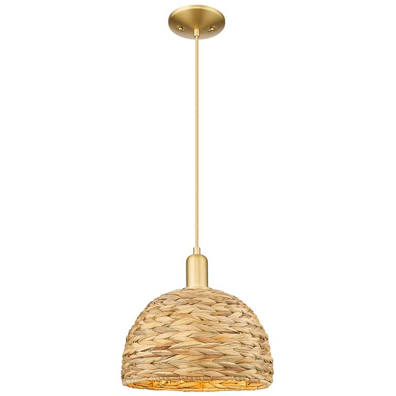 Image 1 Arcadia Woven Rattan 12" Wide Satin Gold Cord Hung Mini Pendant With