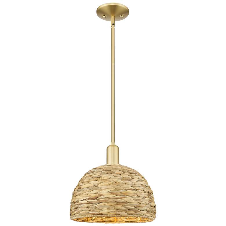 Image 1 Arcadia Woven Rattan 12" Wide Satin Gold Stem Hung Mini Pendant With