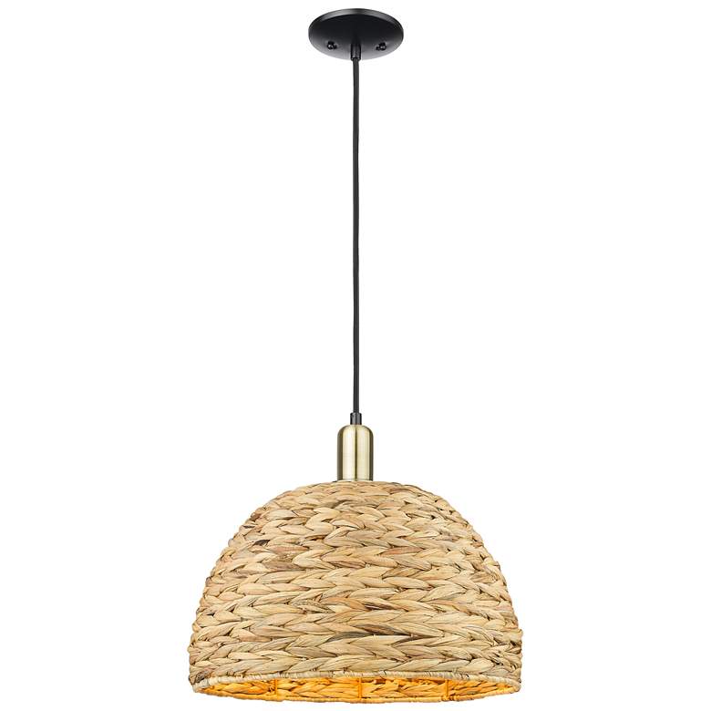 Image 1 Arcadia Woven Rattan 16"W Black Antique Brass Cord Hung Mini Pendant