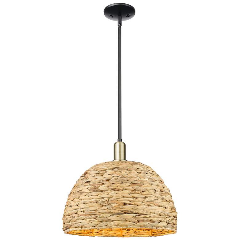 Image 1 Arcadia Woven Rattan 16"W Black Antique Brass Stem Hung Mini Pendant