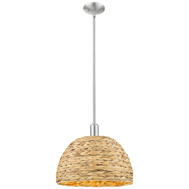 Image 1 Arcadia Woven Rattan 16"W Brushed Satin Nickel Stem Hung Mini Pendant