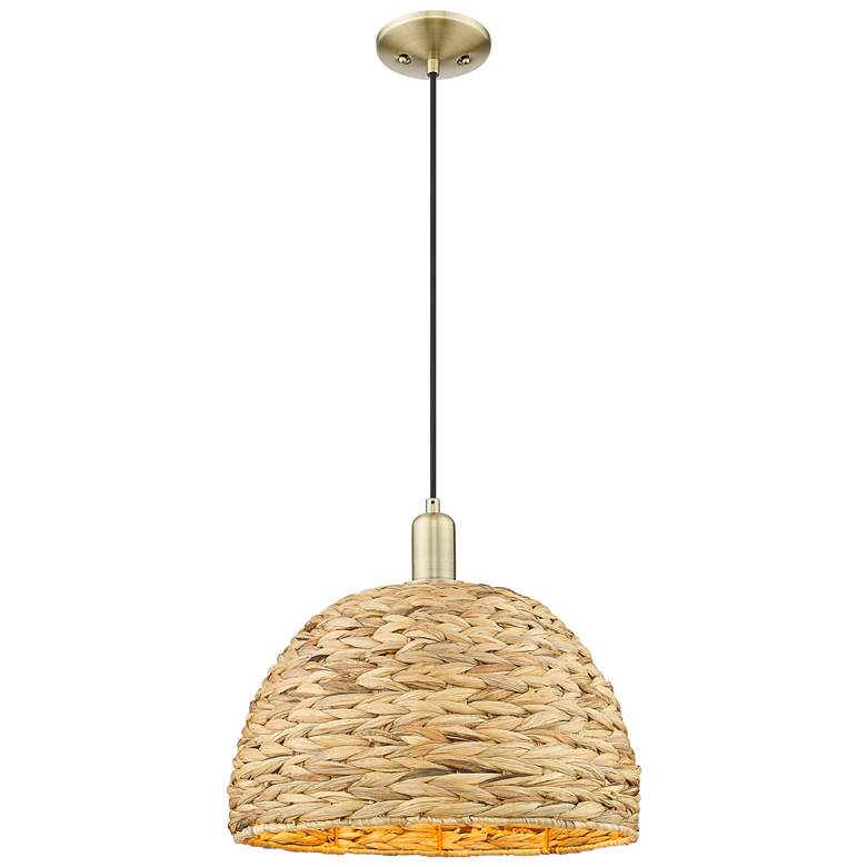 Image 1 Arcadia Woven Rattan 16" Wide Antique Brass Cord Hung Mini Pendant