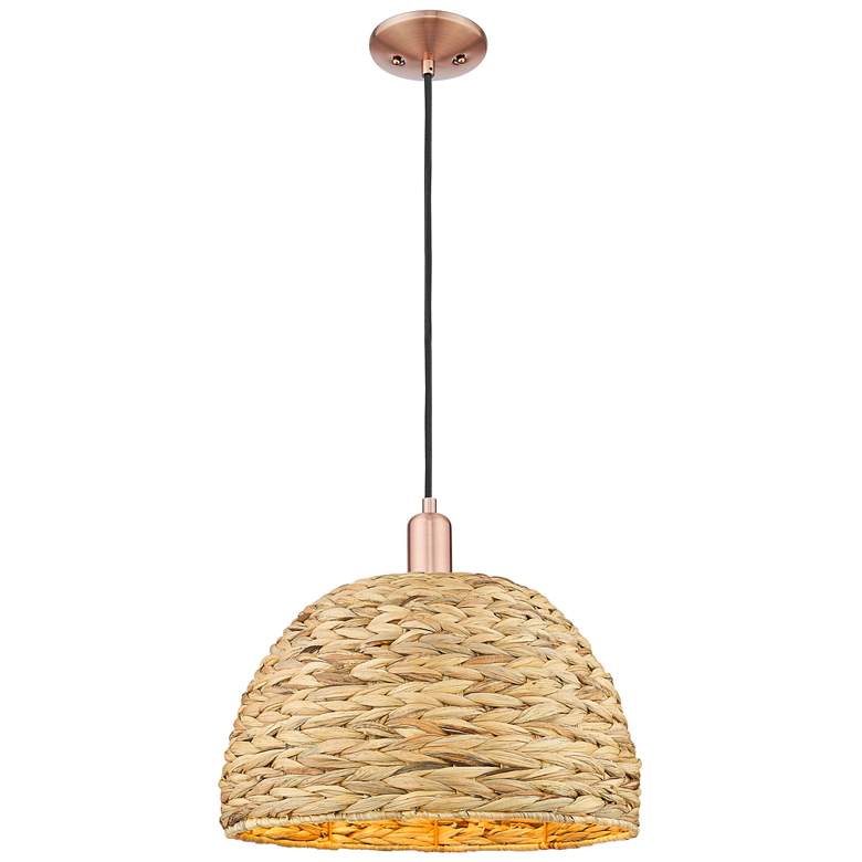 Image 1 Arcadia Woven Rattan 16" Wide Antique Copper Cord Hung Mini Pendant