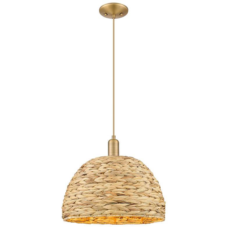 Image 1 Arcadia Woven Rattan 16" Wide Brushed Brass Cord Hung Mini Pendant