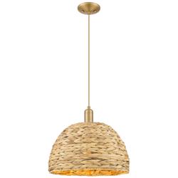 Arcadia Woven Rattan 16" Wide Brushed Brass Cord Hung Mini Pendant