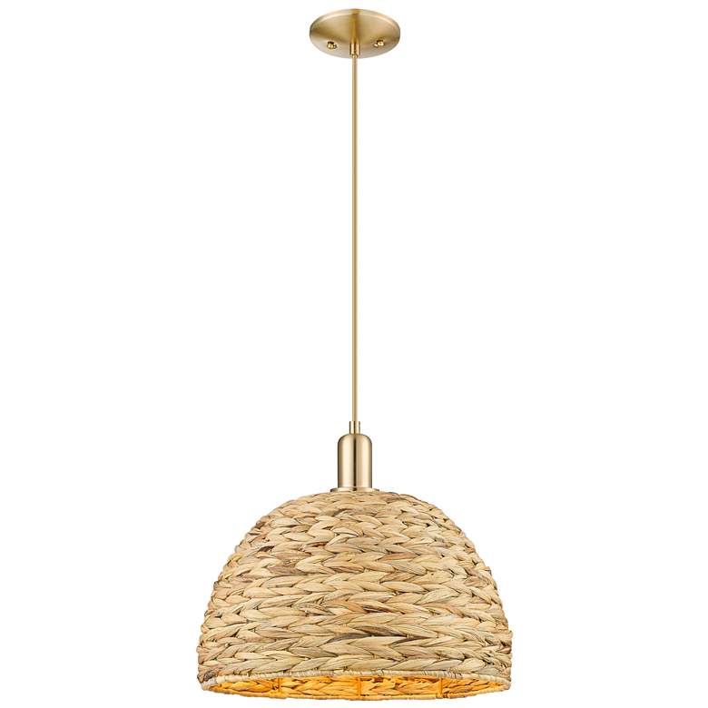 Image 1 Arcadia Woven Rattan 16" Wide Champagne Bronze Stem Hung Mini Pendant